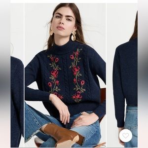 Embroidered Cable-Knit Crewneck Sweater - Navy with Red Floral